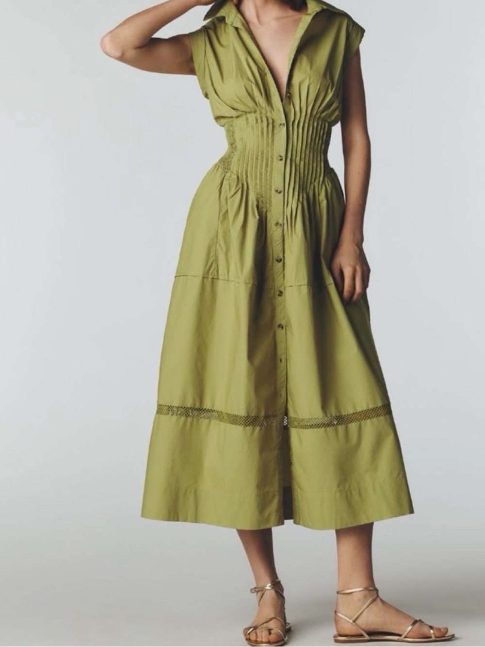 Anthropologie Olive Green Button-Front Shirred Waist Midi Dress